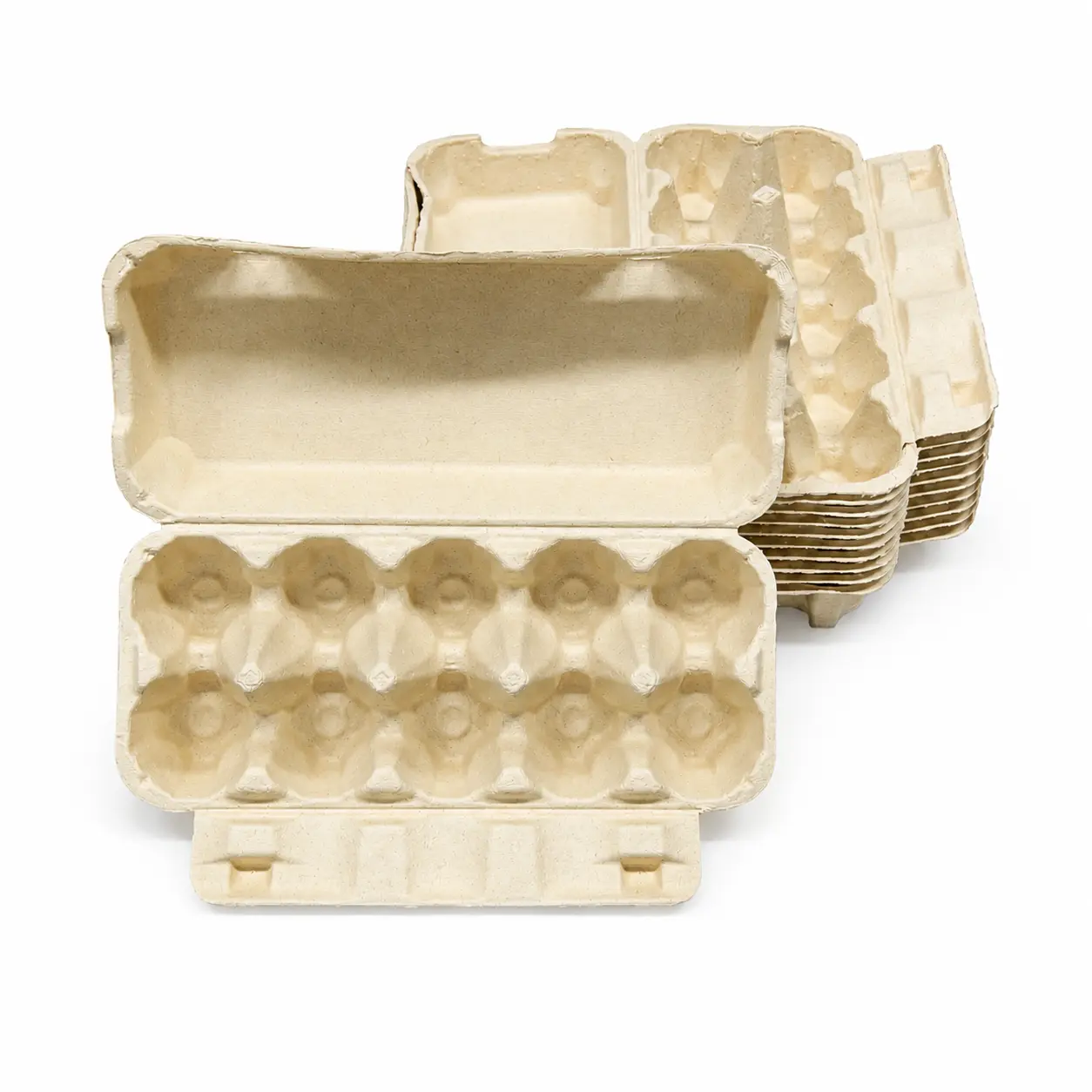 12-Count Molded Pulp Egg Carton Stacked Display Open 12-count molded pulp egg carton with stacked cartons behind