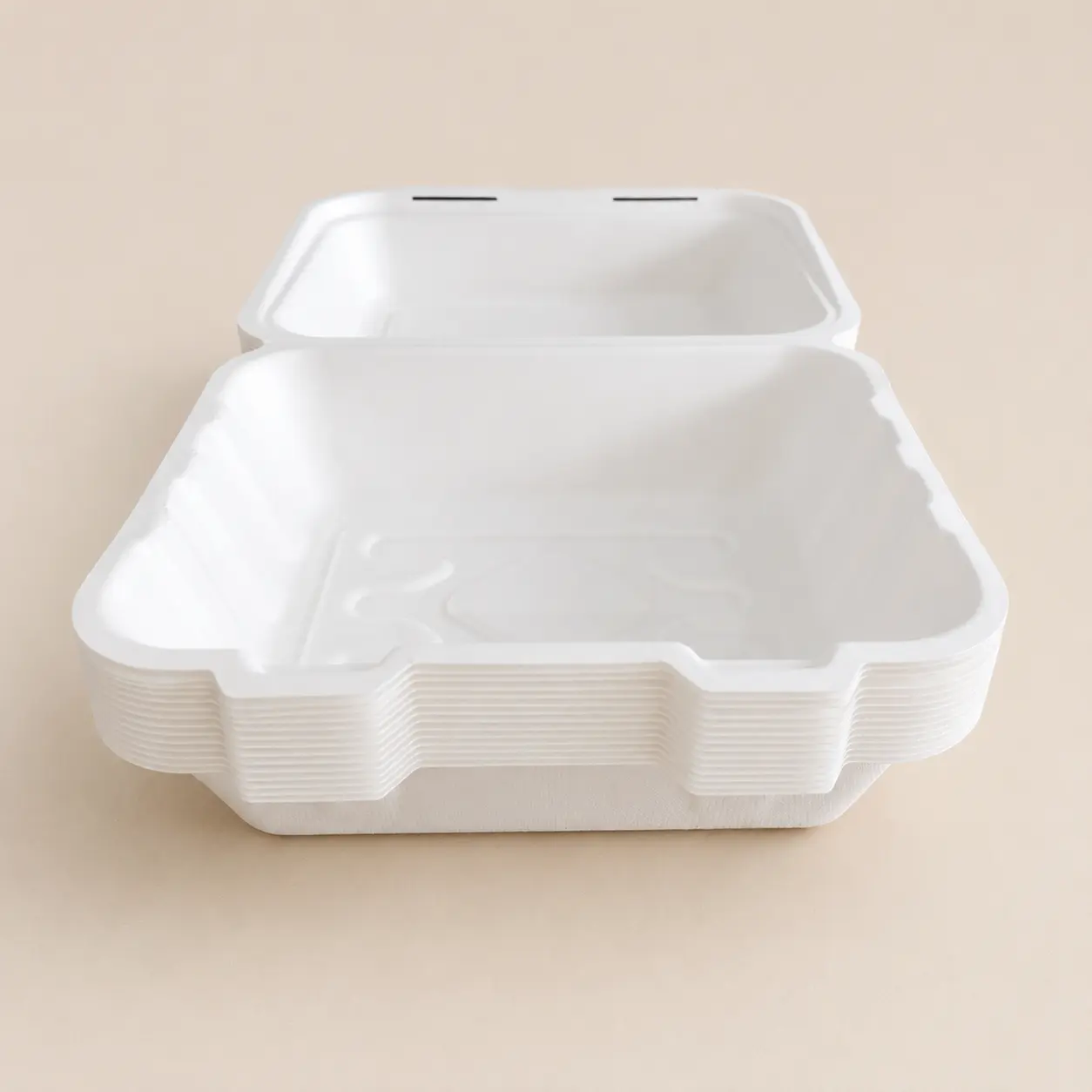 7.5 x 6-Inch Molded Pulp Clamshell Stacked Front View Stacked front view of 7.5 x 6-inch molded pulp clamshell