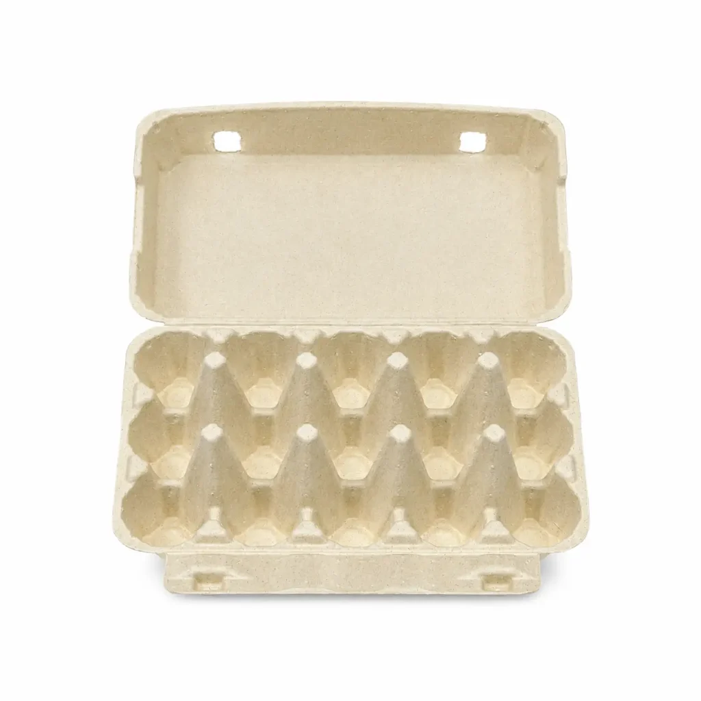 Open front view of 15-count molded pulp egg carton