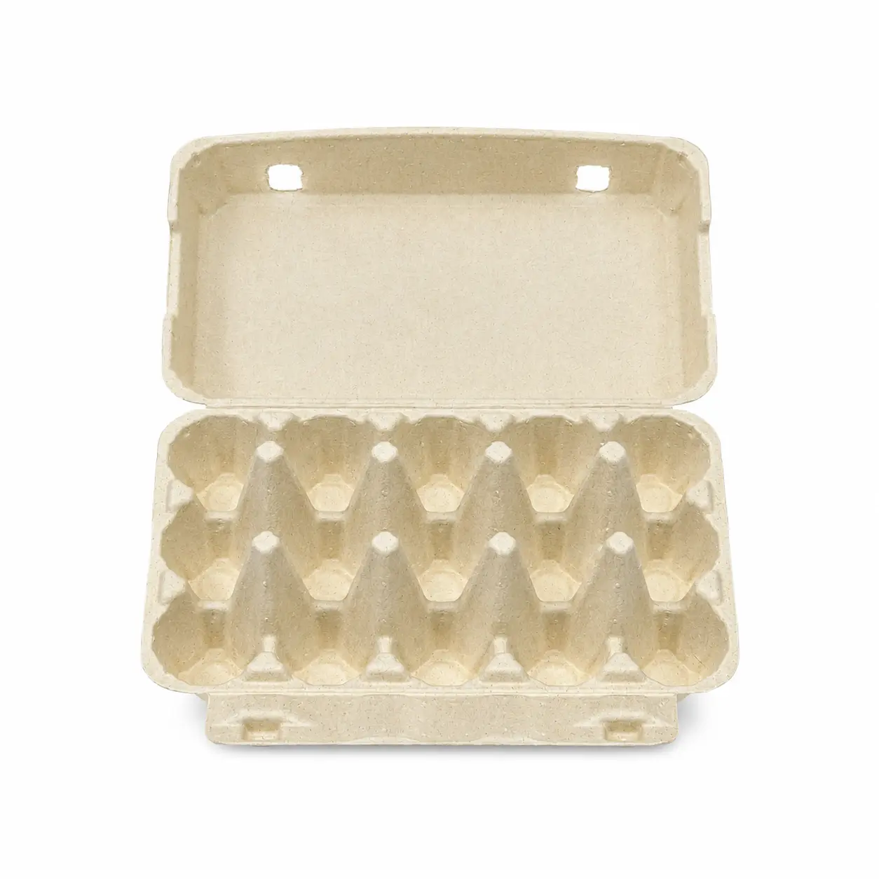 15-Count Molded Pulp Egg Carton Open Front View Open front view of 15-count molded pulp egg carton