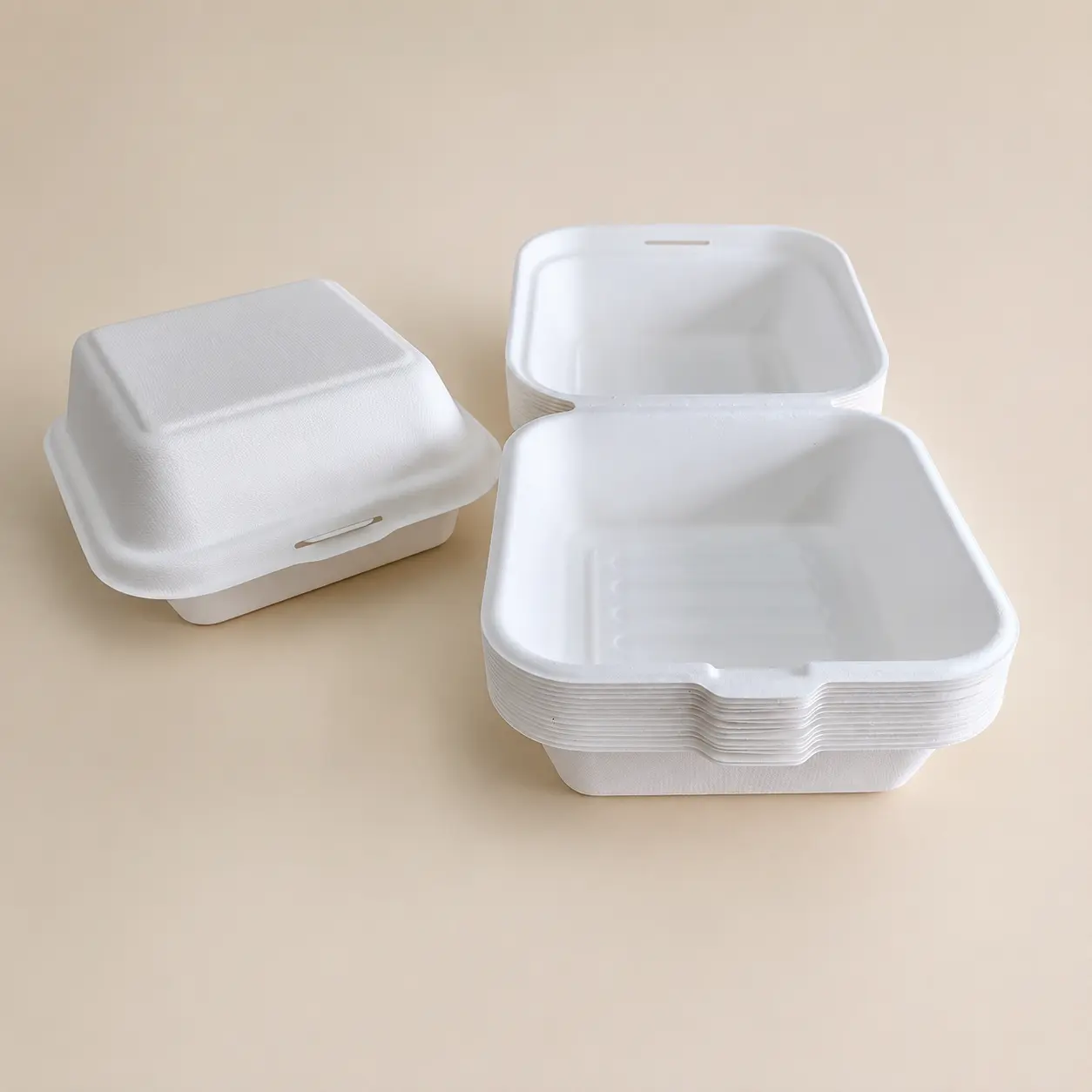 6-Inch Molded Pulp Burger Box Open and Closed View Open and closed view of 6-inch molded pulp burger box in molded pulp fiber