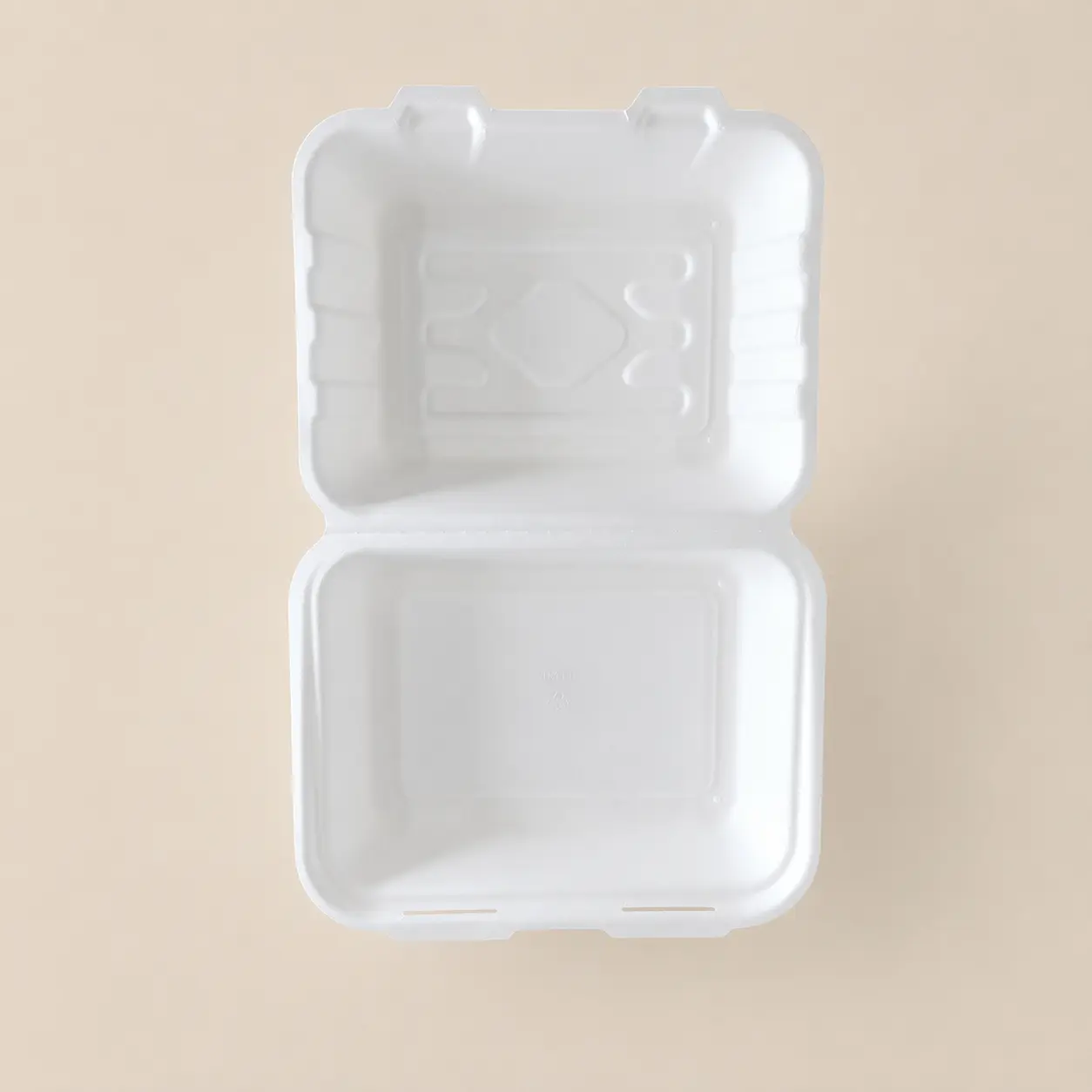 7.5 x 6-Inch Molded Pulp Clamshell Open Top View 7.5 x 6-inch molded pulp clamshell