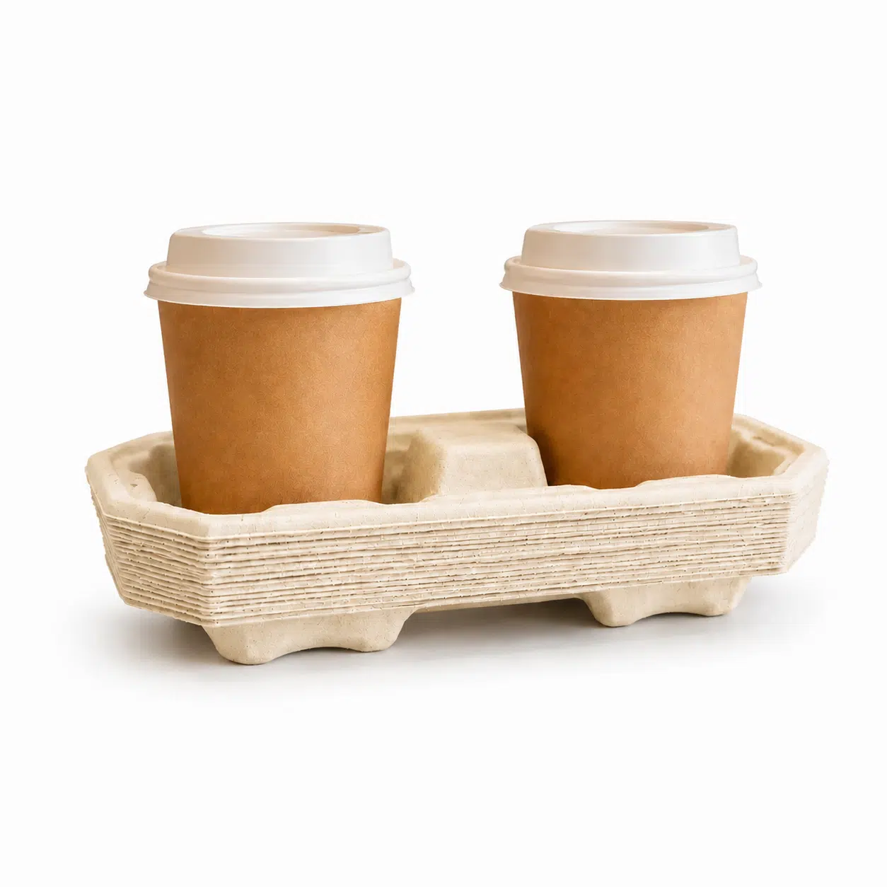 2-cup-molded-pulp-drink-carrier-with-coffee-cups 2-cup molded pulp drink carrier holding takeaway coffee cups