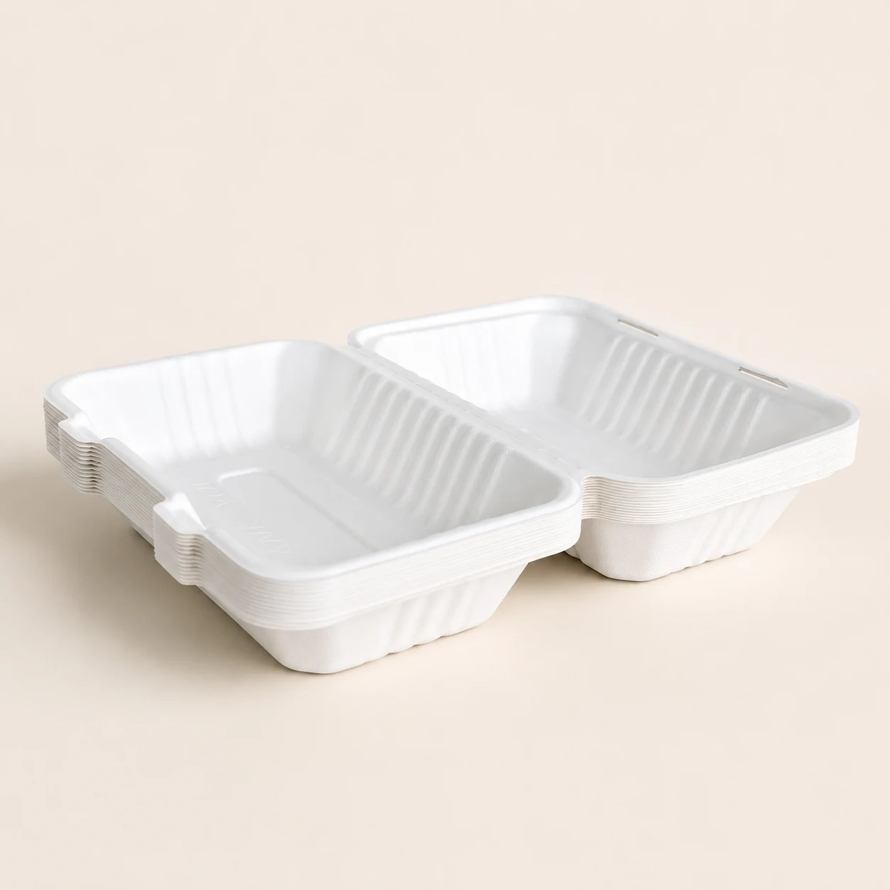 9 x 6 x 3-Inch Molded Pulp Food Clamshell Stacked Perspective View Stacked perspective view of 9 x 6 x 3-inch molded pulp food clamshell