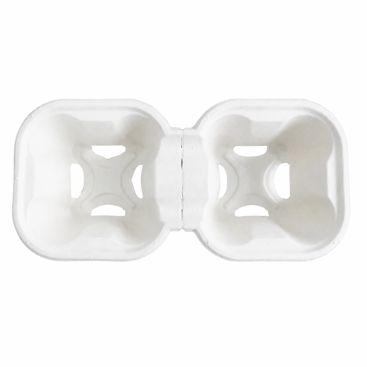 White Tearable 2-Cup Molded Pulp Drink Carrier Top View Top view of white tearable 2-cup molded pulp drink carrier