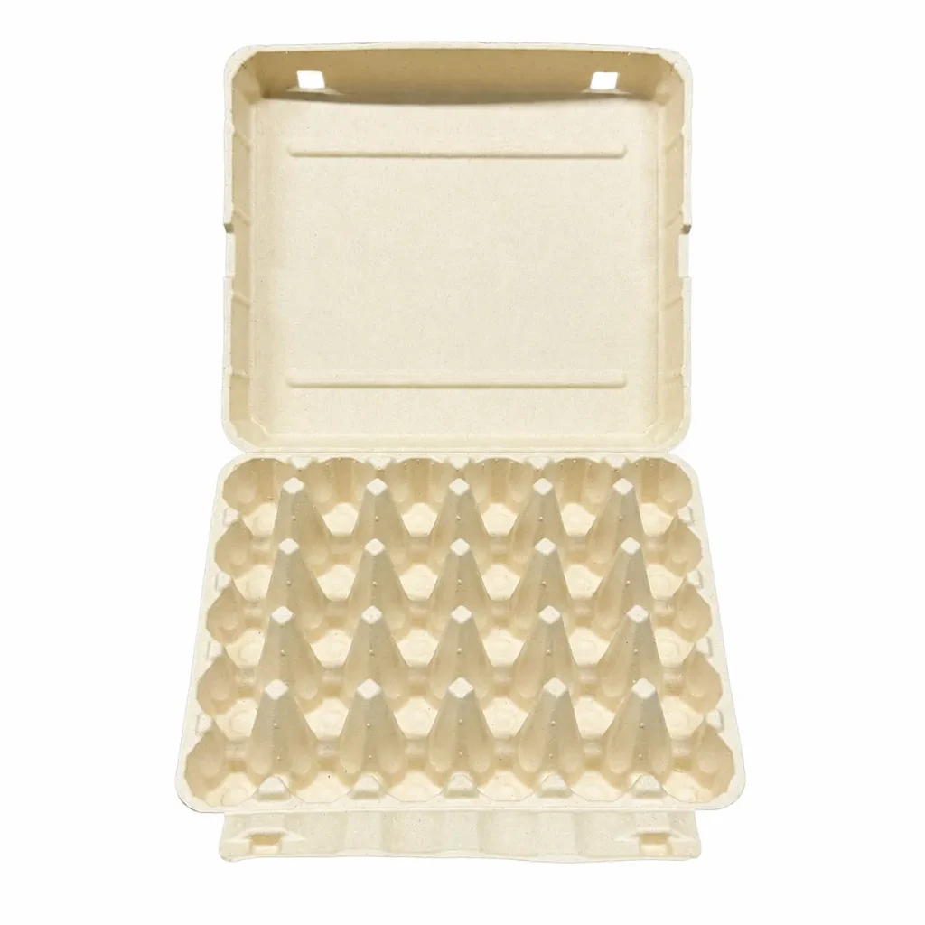 Open front view of 30-count molded pulp egg carton