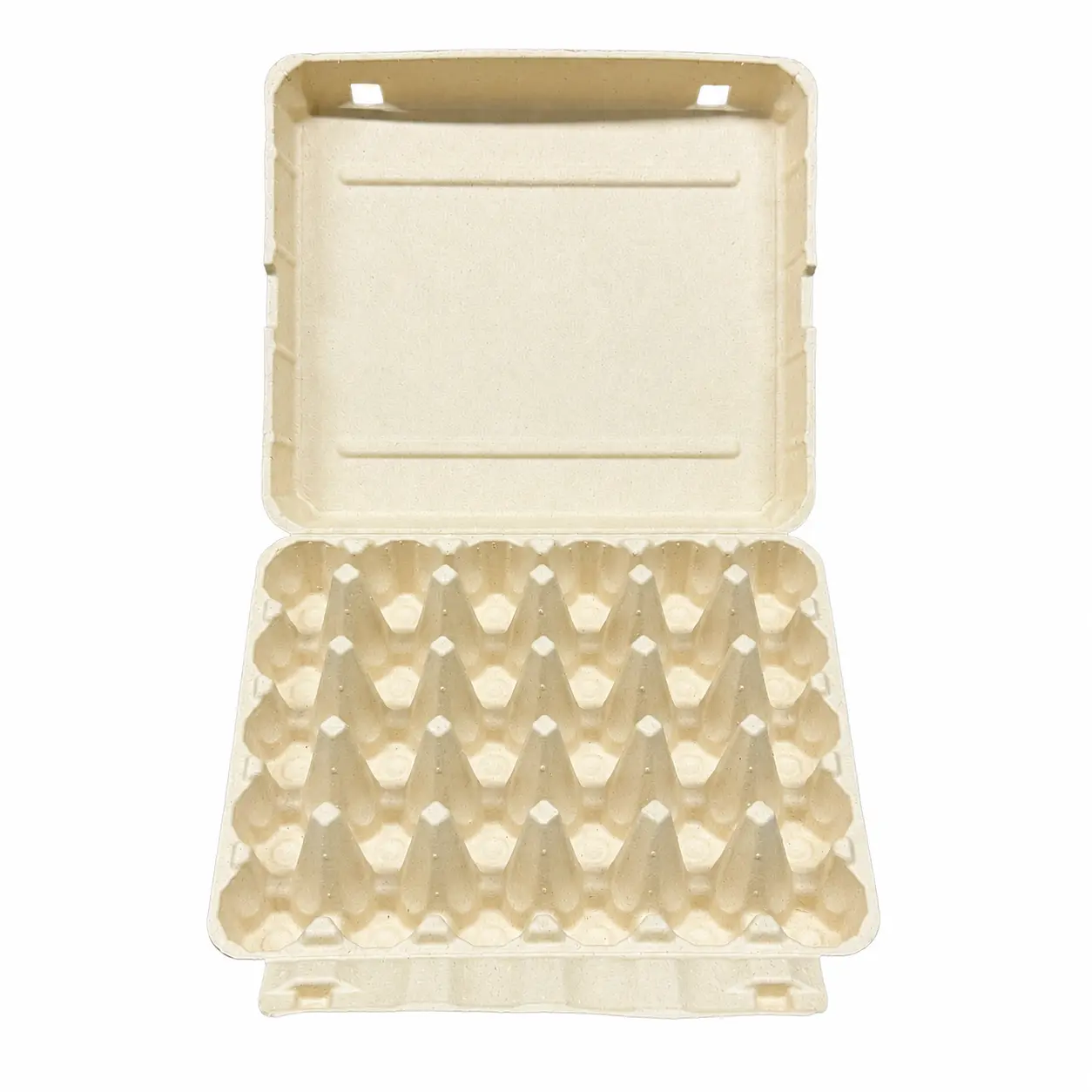 30-Count Molded Pulp Egg Carton Open Front View Open front view of 30-count molded pulp egg carton