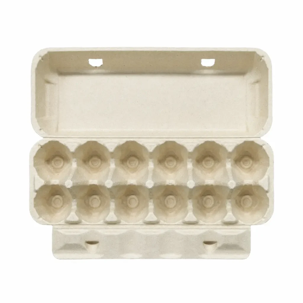 Open top view of 12-count molded pulp egg carton