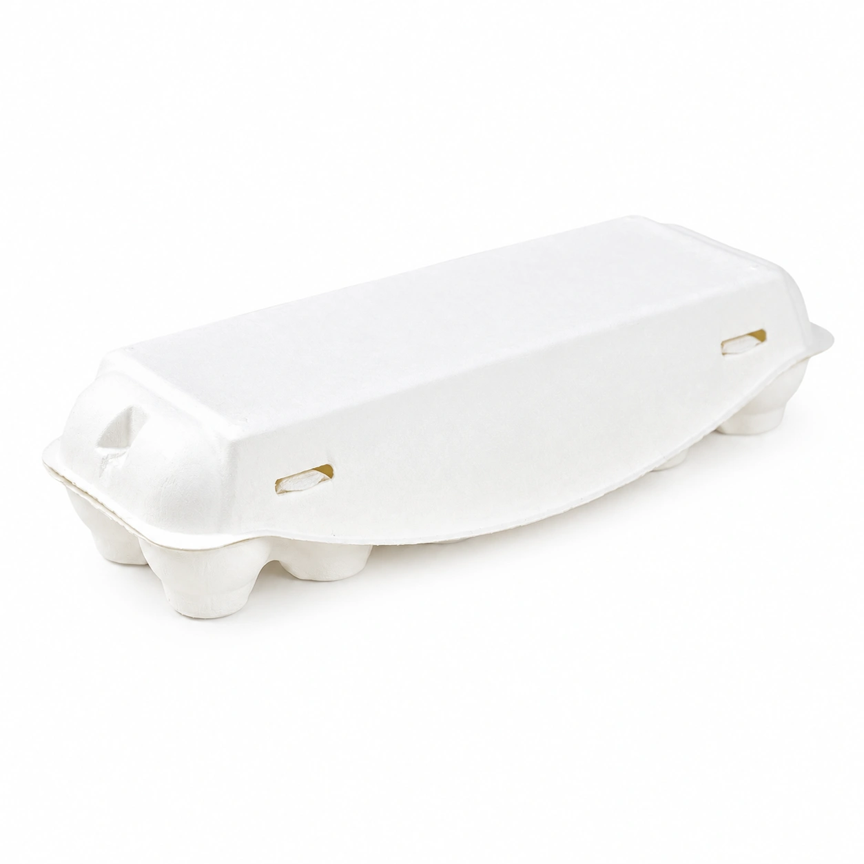 White 12-Count Molded Pulp Egg Carton Closed Side View Closed side view of white 12-count molded pulp egg carton