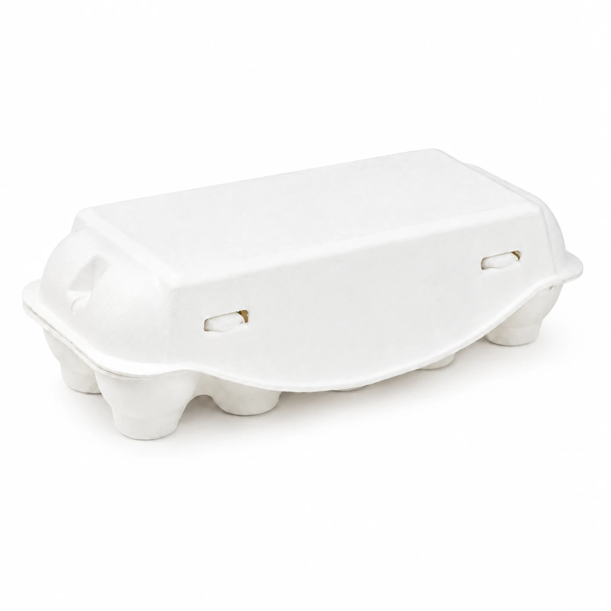 White 10-Count Molded Pulp Egg Carton Closed Side View Closed side view of white 10-count molded pulp egg carton