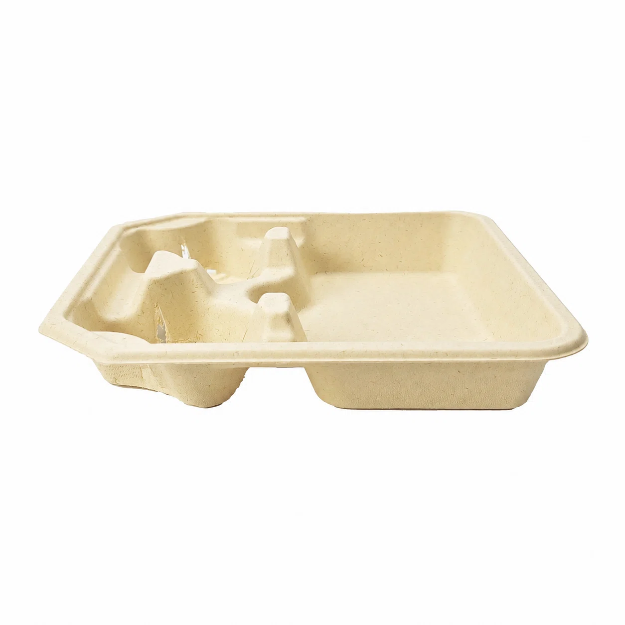 2-Cup Pulp Carrier with Food Tray Side View Side view of 2-cup molded pulp cup carrier with food tray