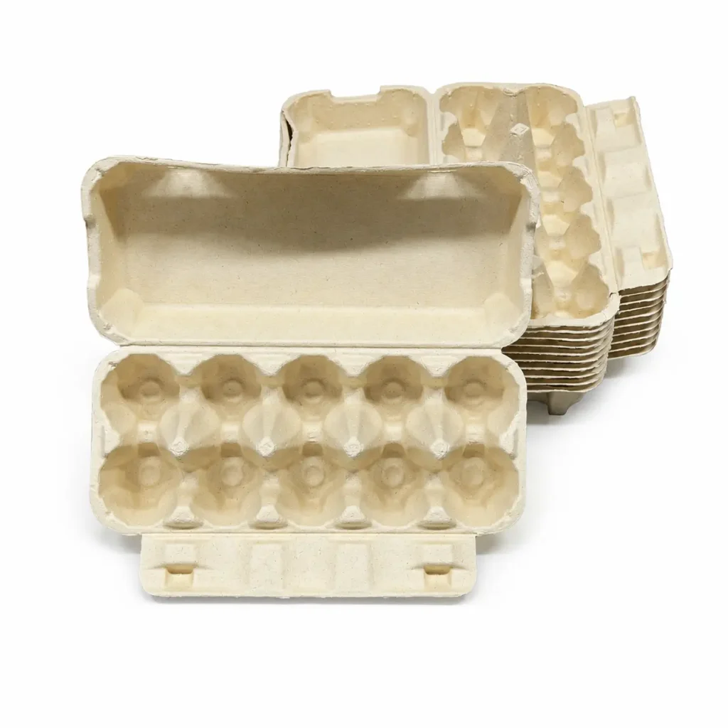 Stacked 10-count molded pulp egg cartons for bulk supply