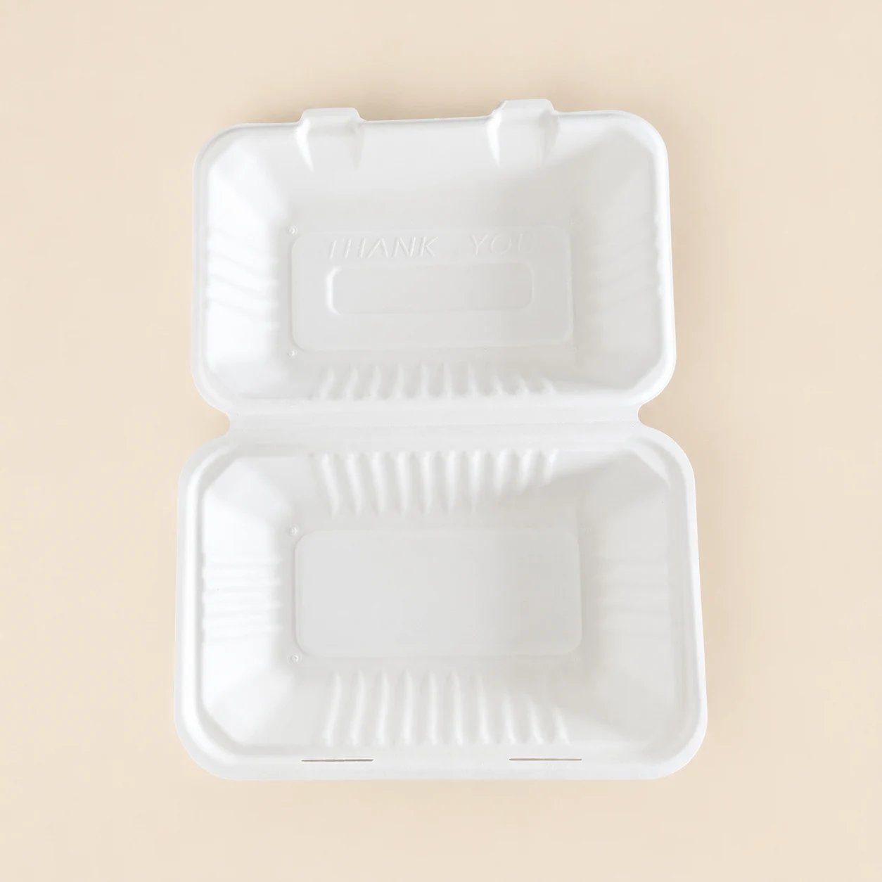 9 x 6 x 3-Inch Molded Pulp Food Clamshell Open Top View 9 x 6 x 3-inch molded pulp food clamshell