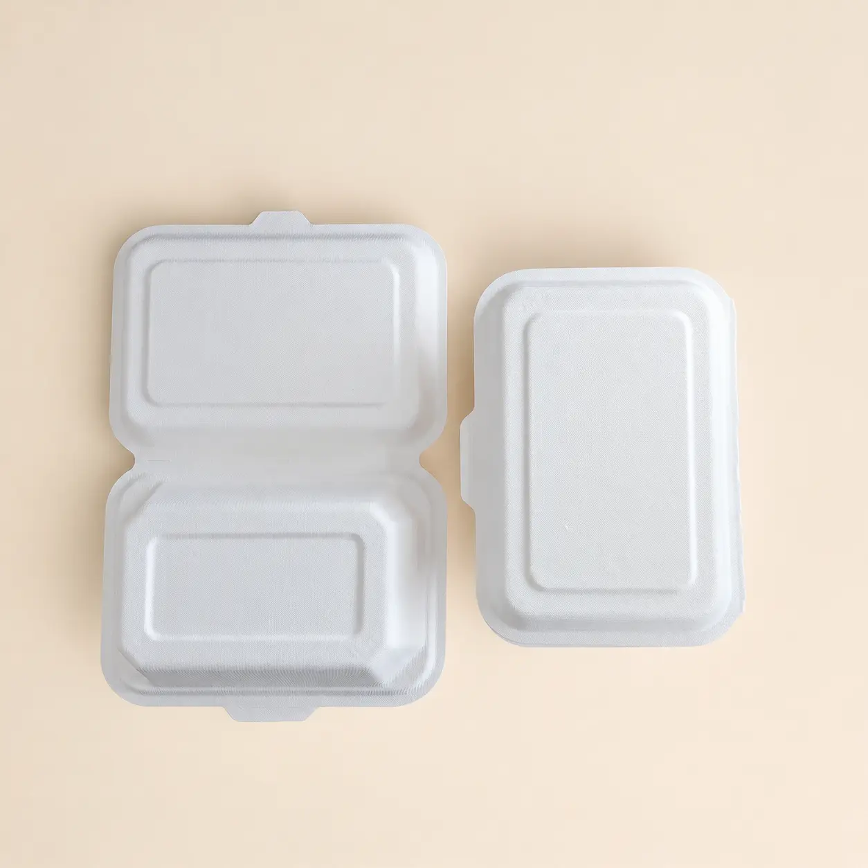 7 x 5 Molded Pulp Food Clamshell Open and Closed Top View Open and closed top view of 7 x 5 molded pulp food clamshell