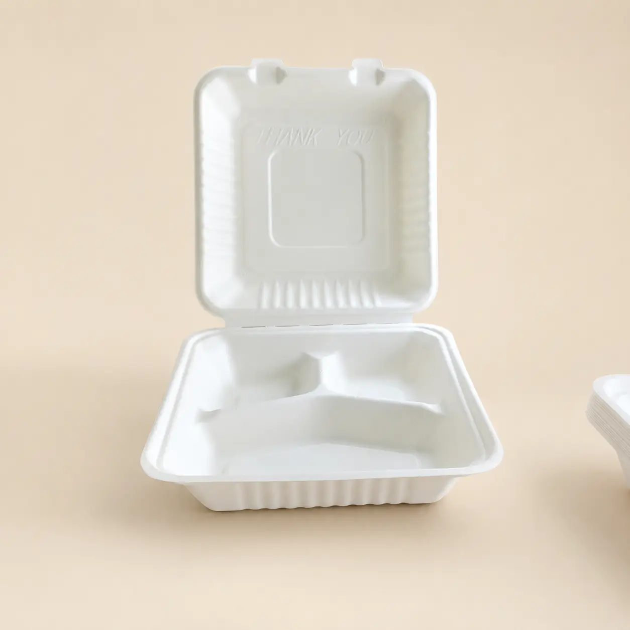 9x9 3-Compartment Pulp Clamshell Open Front View 9x9 3-compartment pulp clamshell