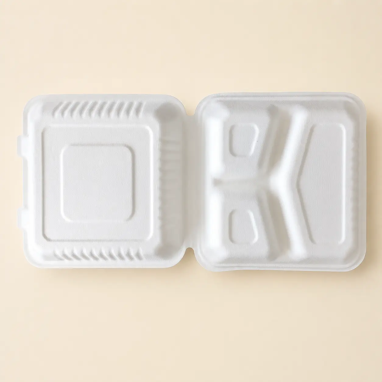 9x9 3-Compartment Pulp Clamshell Outer Surface View Outer surface of 9x9 3-compartment pulp clamshell