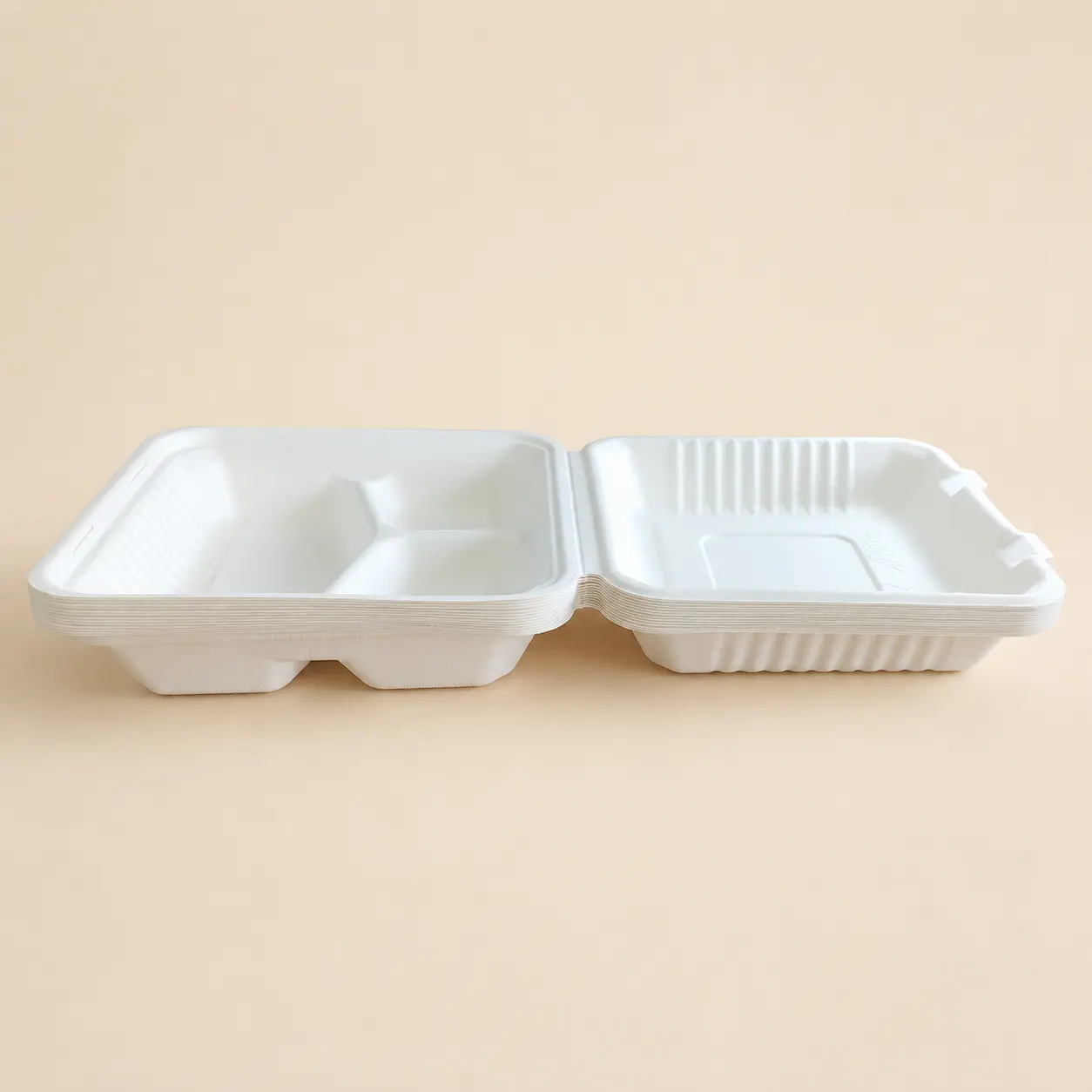 9x9 3-Compartment Pulp Clamshell Open Side View Open side view of 9x9 3-compartment pulp clamshell