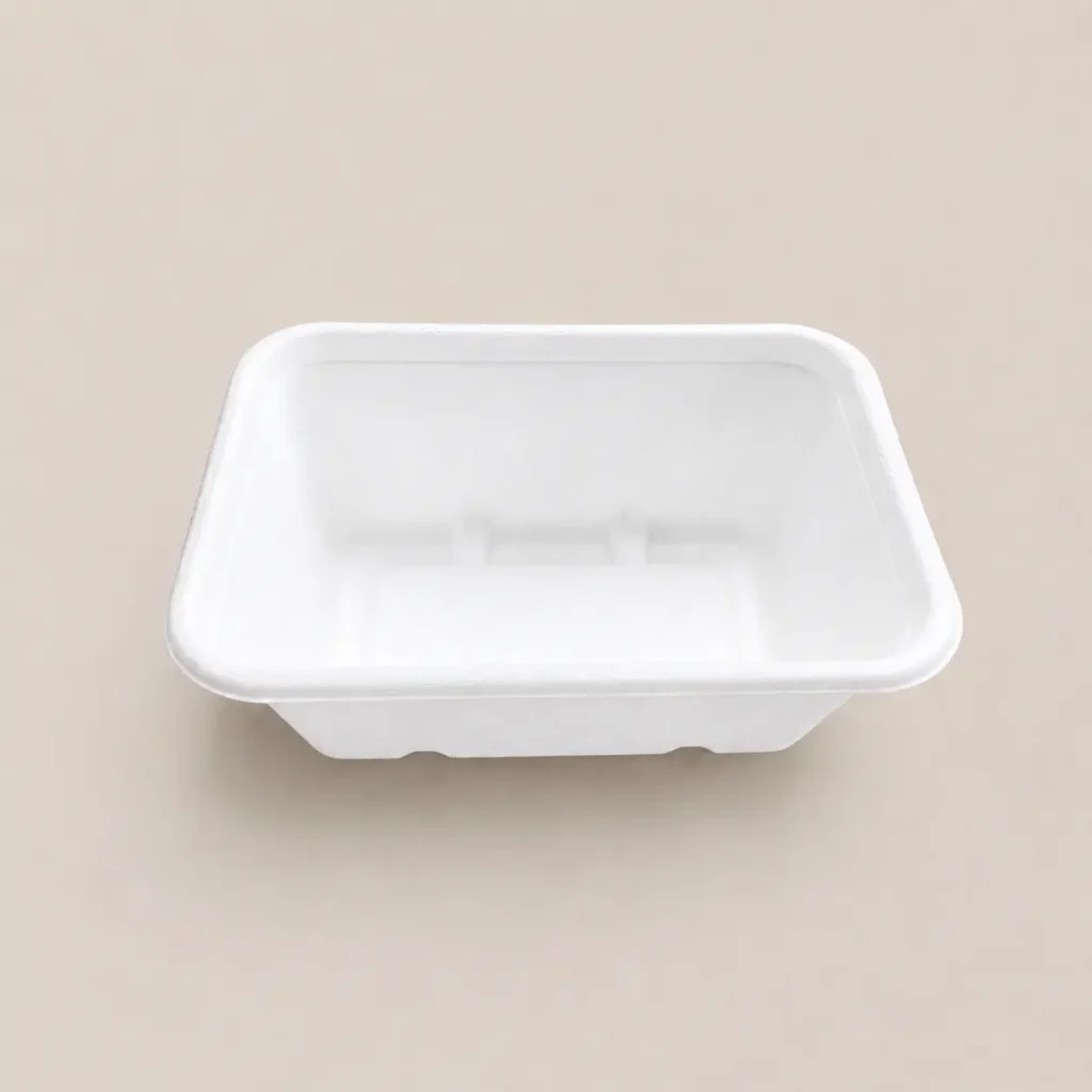 Open front view of 750ml molded pulp rectangular food container
