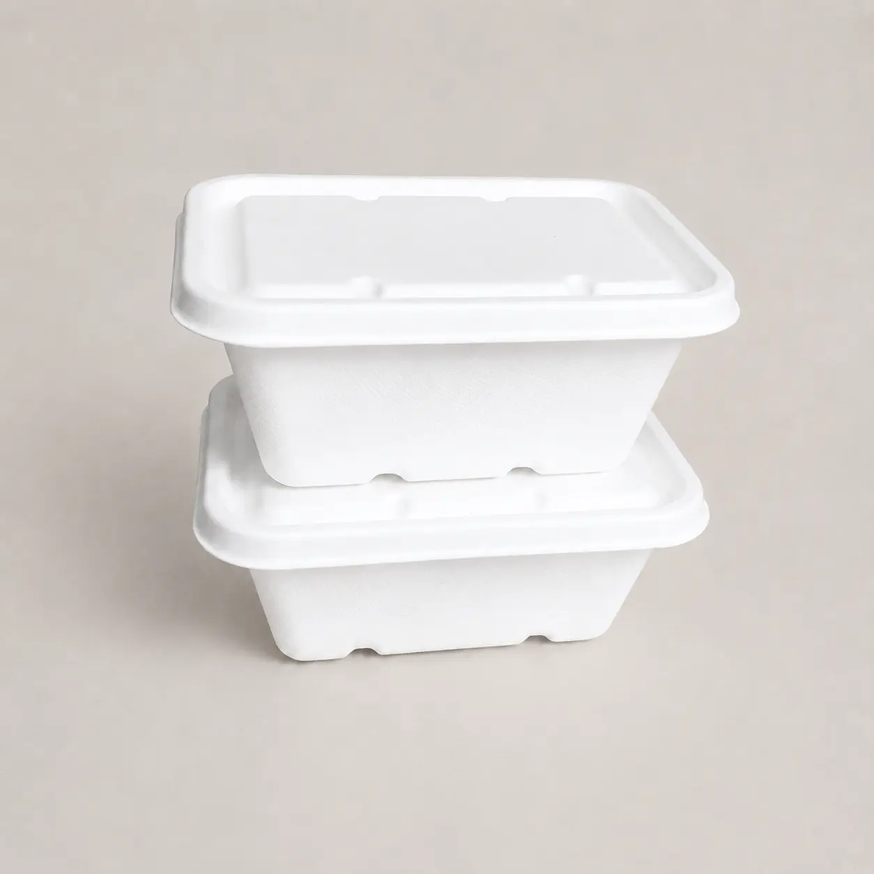 1000ml Molded Pulp Rectangular Food Container Stacked View Two stacked 1000ml molded pulp rectangular food containers with matching lids