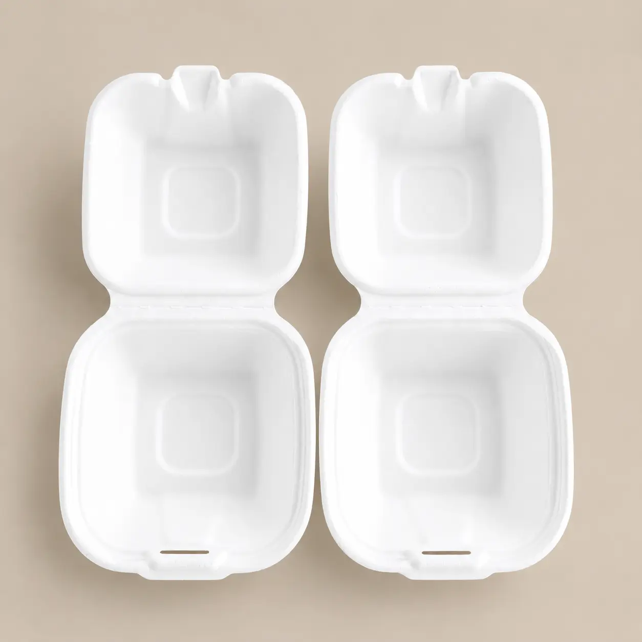 5-Inch Molded Pulp Burger Box Open Top View Open top view of 5-inch molded pulp burger box in molded pulp fiber