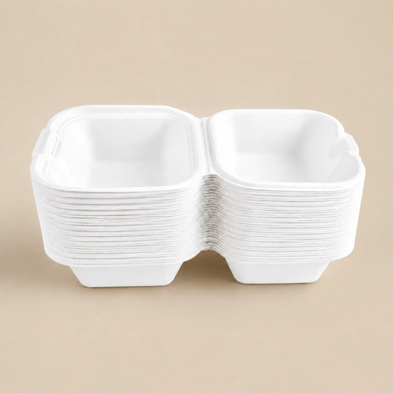 5-Inch Molded Pulp Burger Box Stacked Side View Stacked side view of 5-inch molded pulp burger box for takeaway packaging