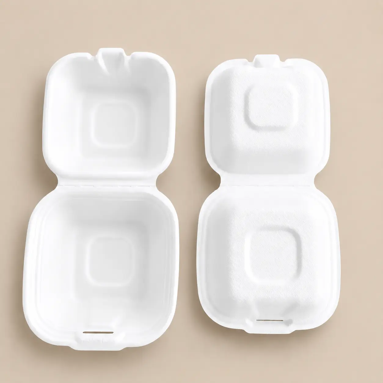This image presents the 5-Inch Molded Pulp Burger Box in a stacked side view, showing its stackable clamshell structure, molded pulp fiber texture, and suitability for bulk packing, storage, and B2B supply. Product display of 5-inch molded pulp burger box showing open and closed clamshell design