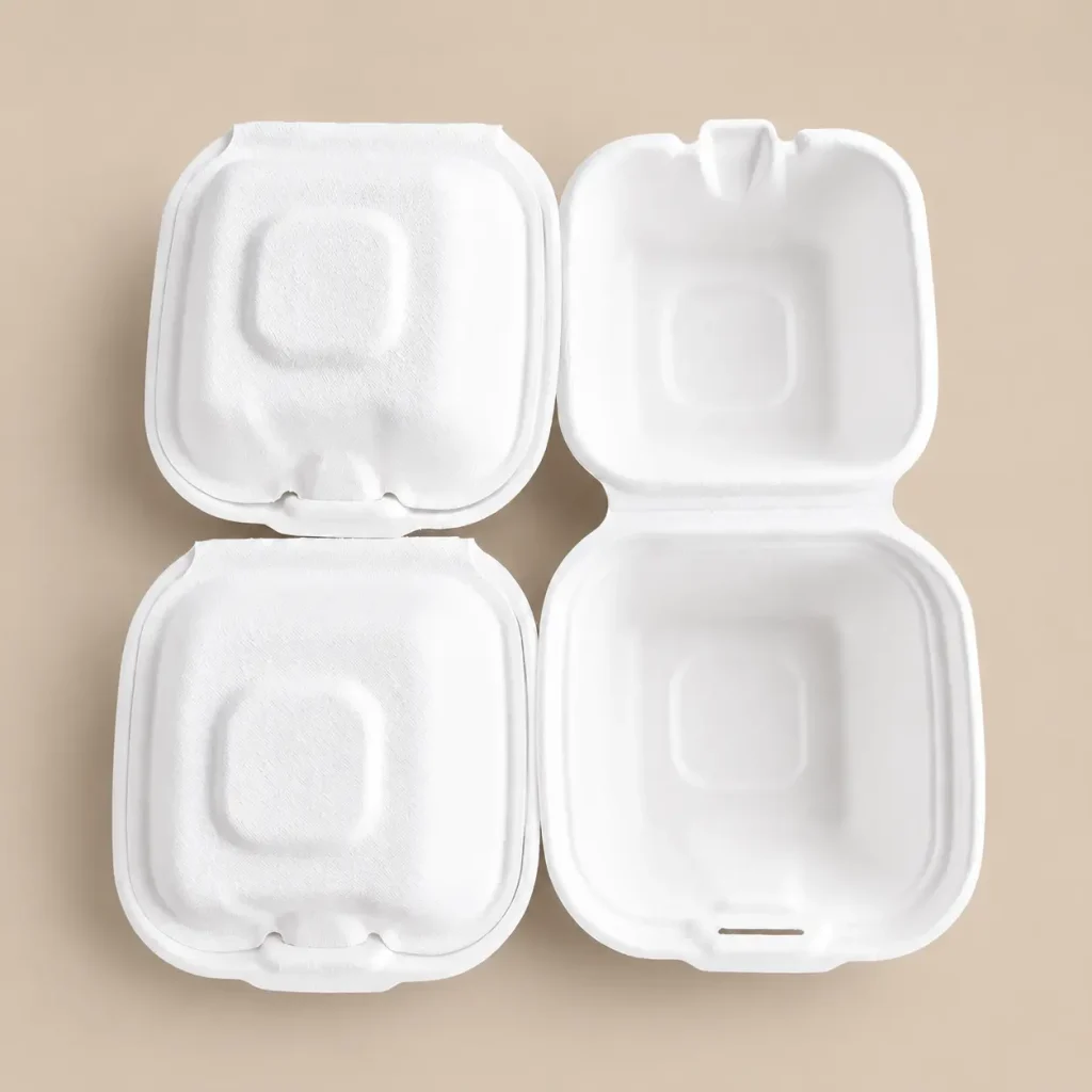 Open and closed view of 5-inch molded pulp burger box in molded pulp fiber