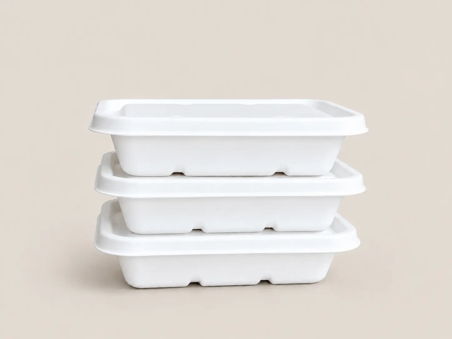 550ml Molded Pulp Rectangular Food Container Stacked View Stacked 550ml molded pulp rectangular food containers with matching lids