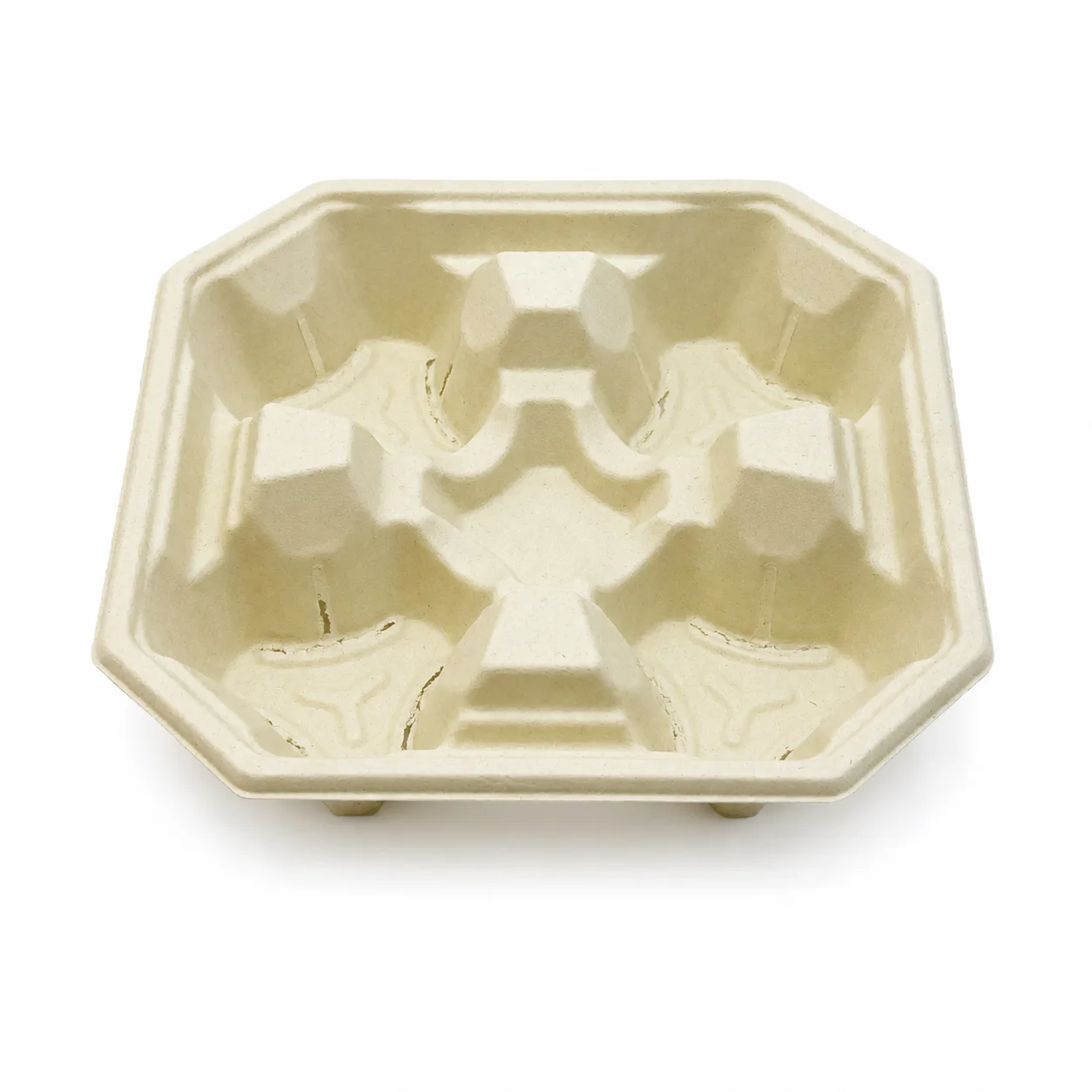 One-Piece 4-Cup Molded Pulp Drink Carrier Front View Front view of one-piece 4-cup molded pulp drink carrier