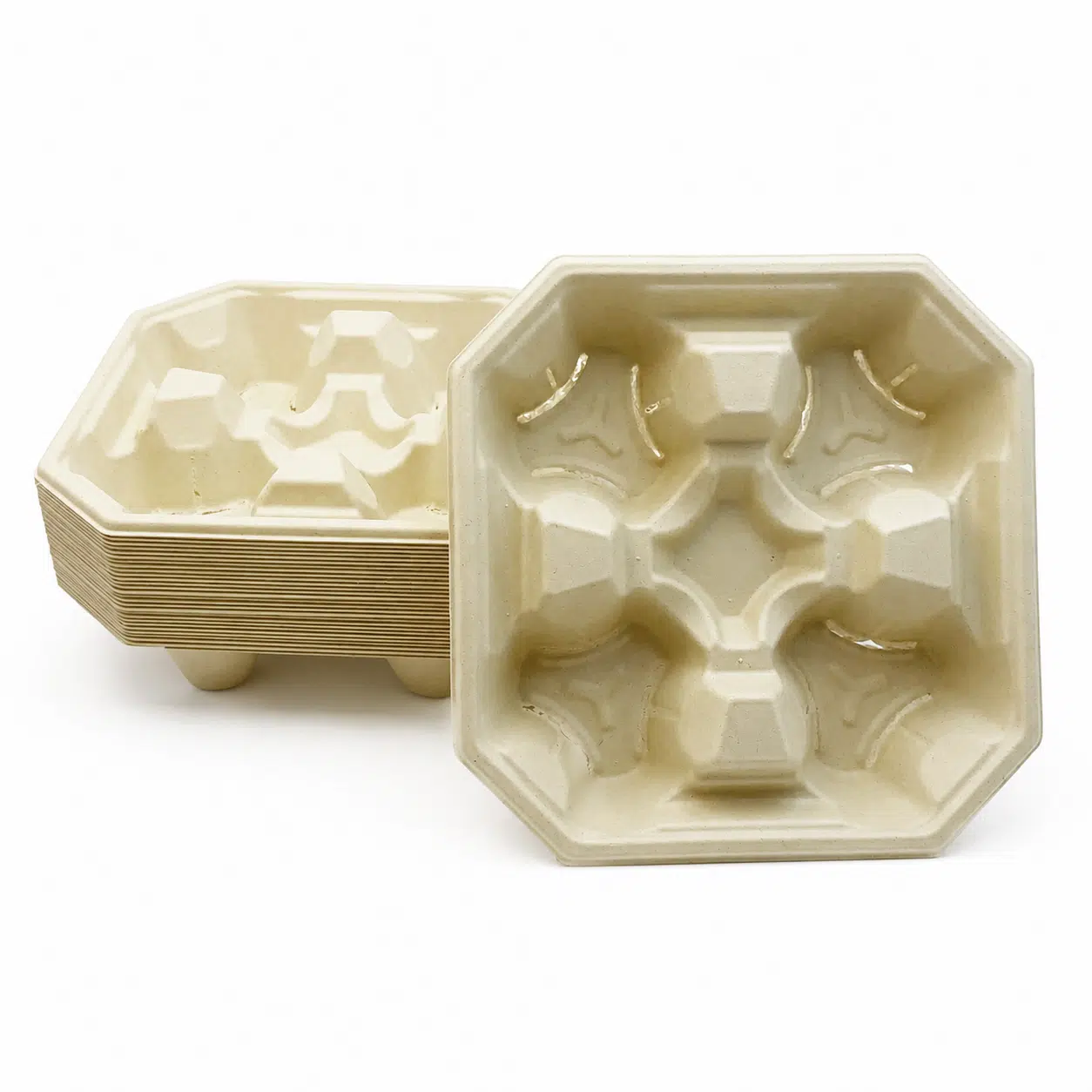 Premium One-Piece 4-Cup Molded Pulp Drink Carrier Stack Premium one-piece 4-cup molded pulp drink carrier stack