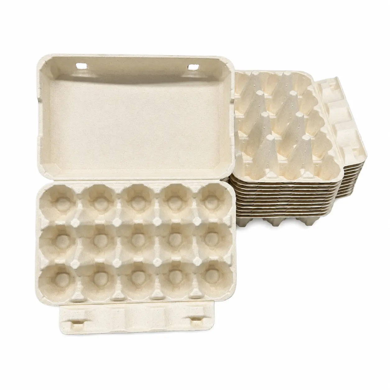 15-Count Molded Pulp Egg Carton Stacked Display Open 15-count molded pulp egg carton with stacked cartons behind