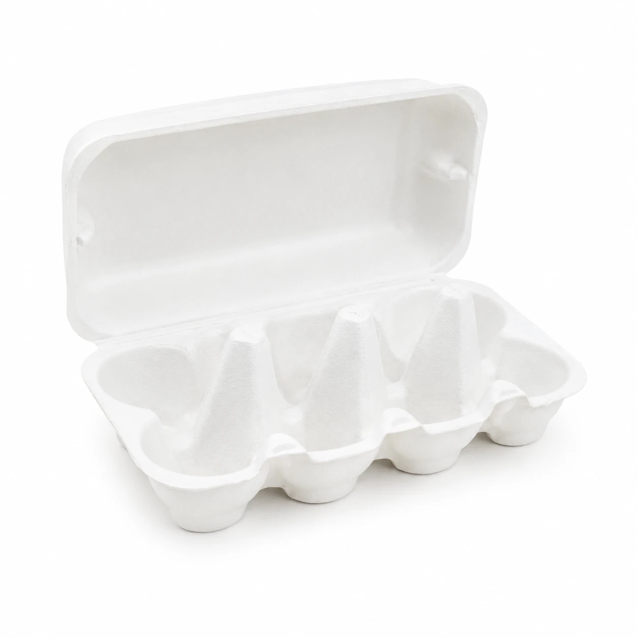 White 10-Count Molded Pulp Egg Carton Open Angled View Open angled view of white 10-count molded pulp egg carton