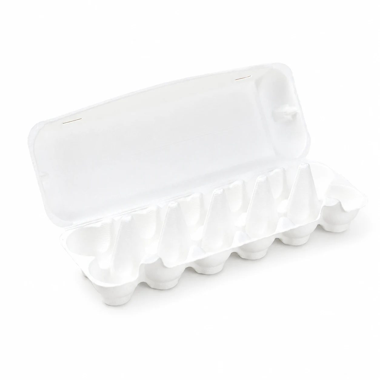 White 12-Count Molded Pulp Egg Carton Open Angled View Open angled view of white 12-count molded pulp egg carton
