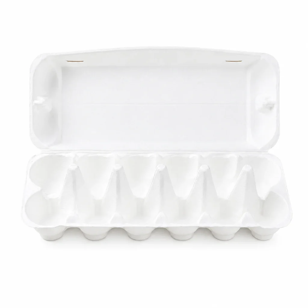 Open front view of white 12-count molded pulp egg carton
