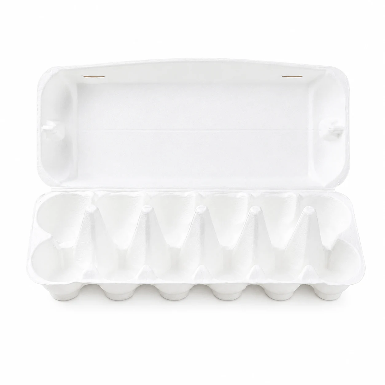 White 12-Count Molded Pulp Egg Carton Open Front View Open front view of white 12-count molded pulp egg carton