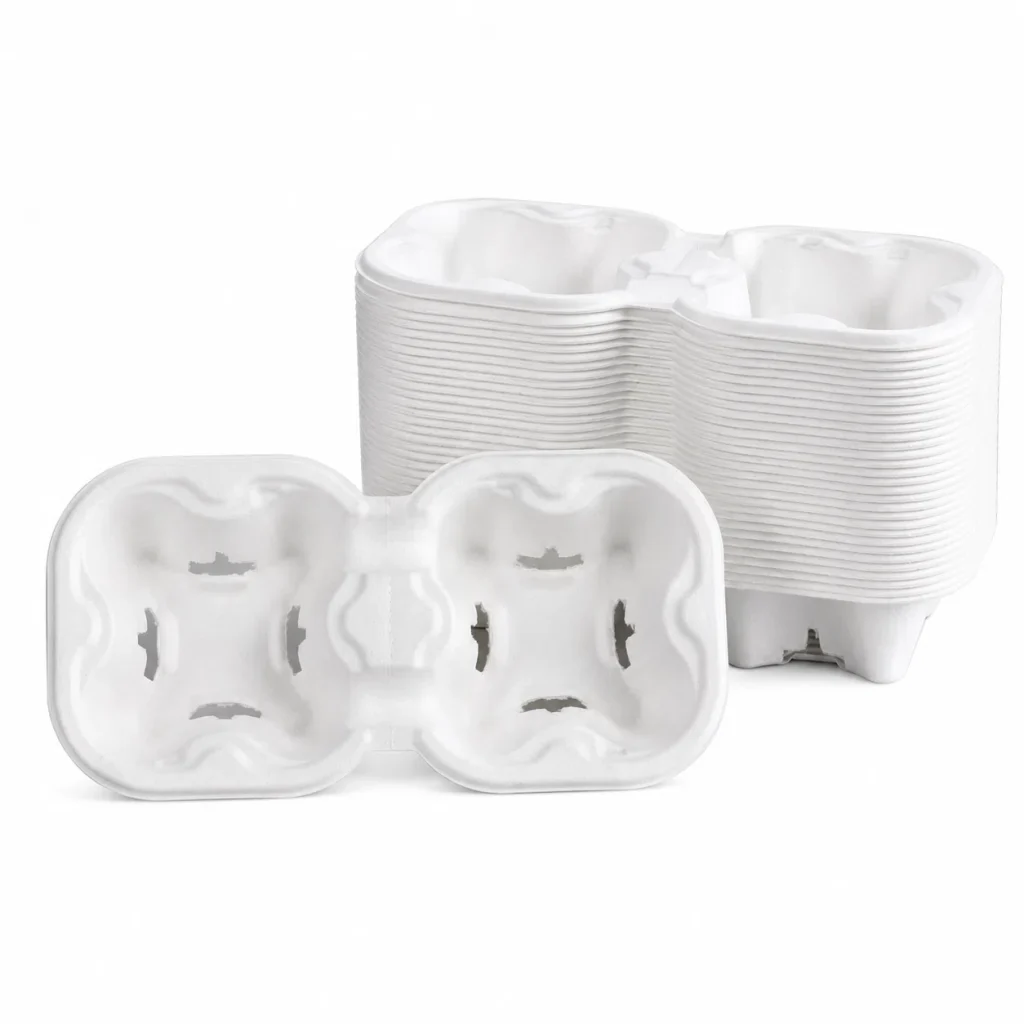 White tearable 2-cup molded pulp drink carriers stacked for bulk supply