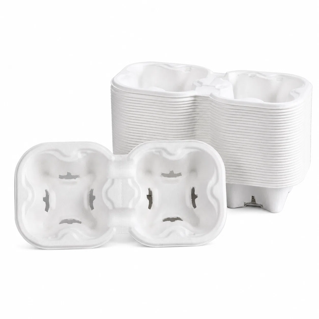 White 2-Cup Molded Pulp Drink Carrier Display White tearable 2-cup molded pulp drink carriers stacked for bulk supply
