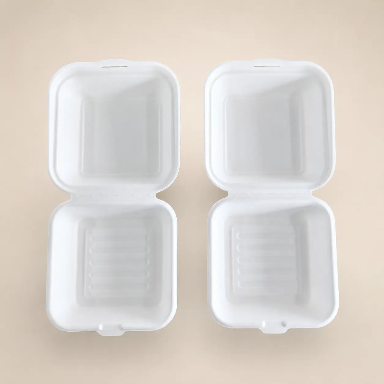 6-Inch Molded Pulp Burger Box Open Top View Open top view of 6-inch molded pulp burger box in molded pulp fiber