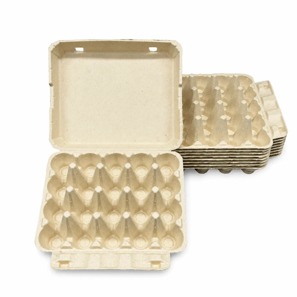 20-Count Molded Pulp Egg Carton Stacked Display Open 20-count molded pulp egg carton with stacked cartons behind
