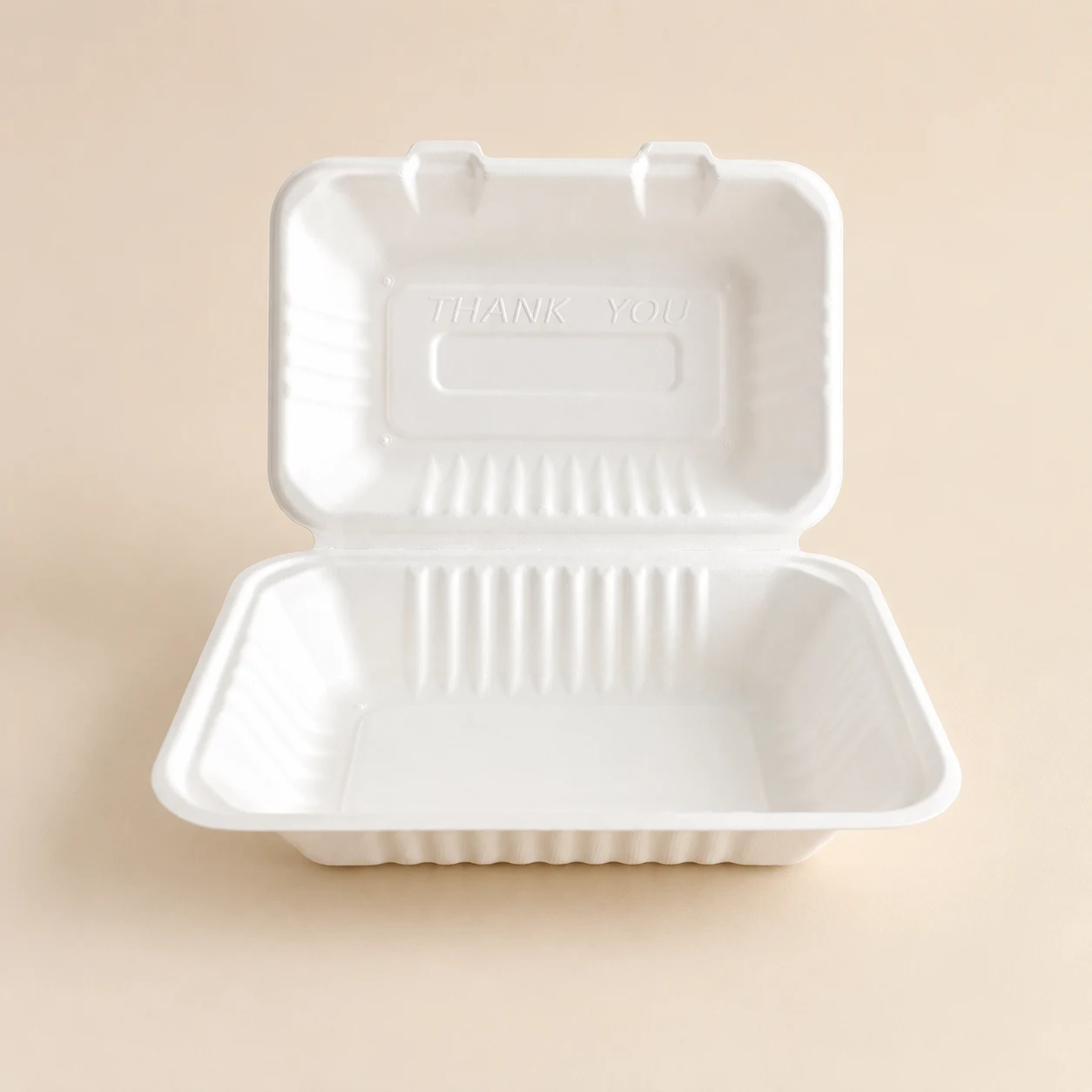 9 x 6 x 3-Inch Molded Pulp Food Clamshell Open Front View Open front view of 9 x 6 x 3-inch molded pulp food clamshell