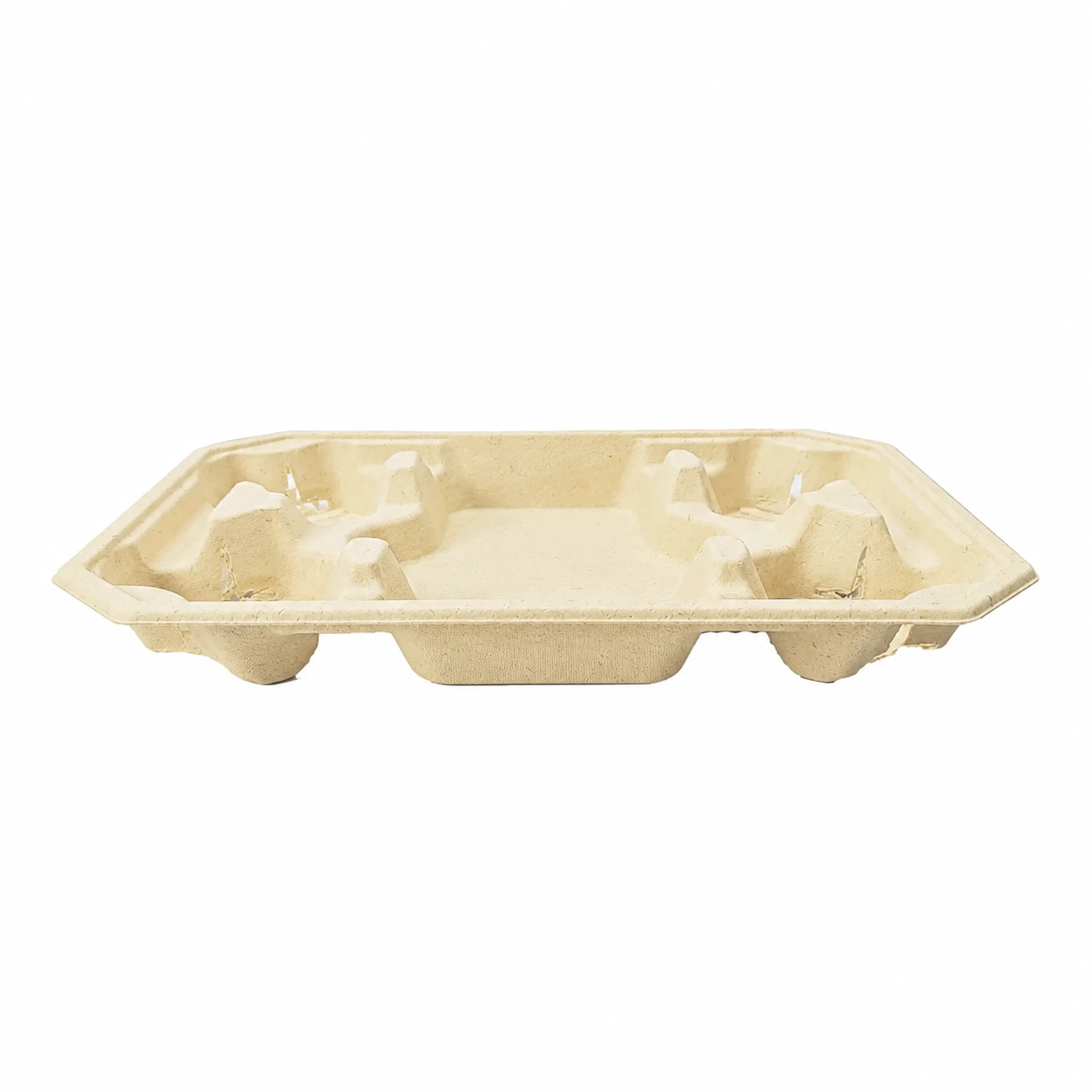 4-Cup Pulp Carrier with Food Tray Side View Side view of 4-cup molded pulp carrier with food tray