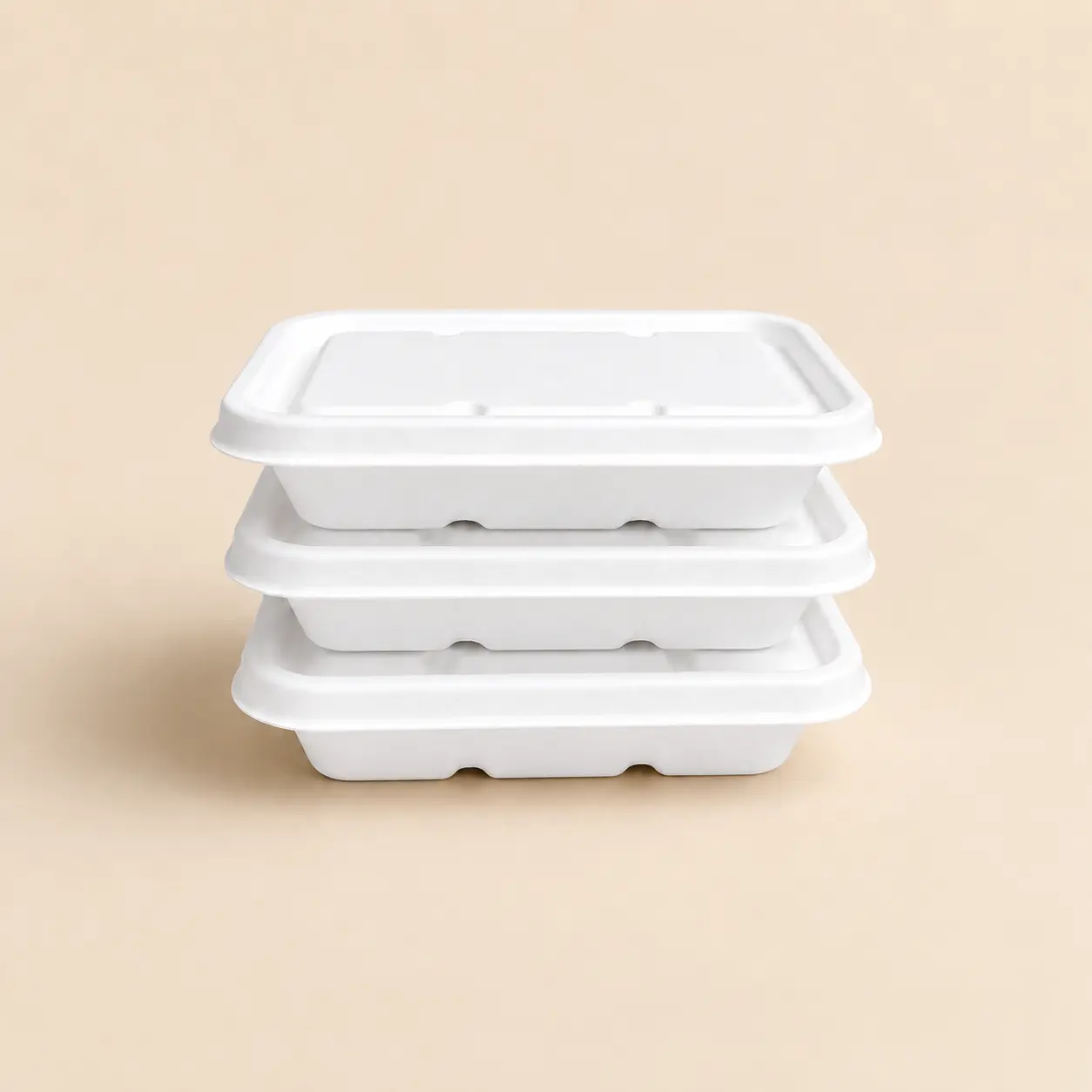 450ml Molded Pulp Rectangular Food Container Stacked View Stacked 450ml molded pulp rectangular food containers with matching lids