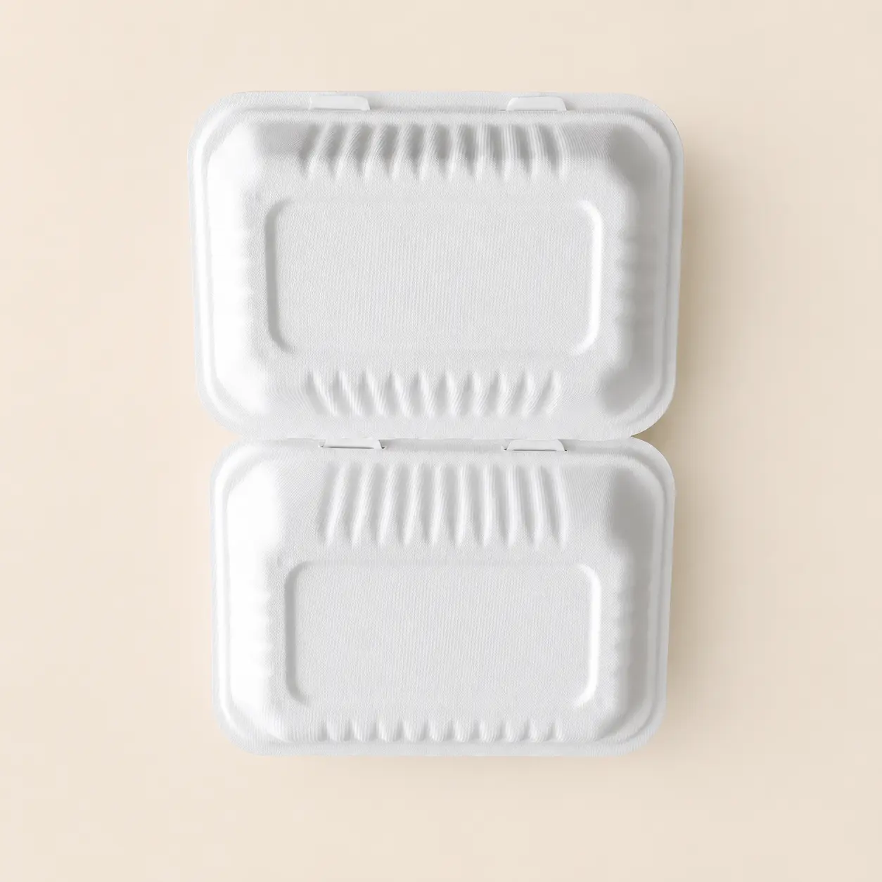 9 x 6 x 3-Inch Molded Pulp Food Clamshell Outer Surface View Outer surface of 9 x 6 x 3-inch molded pulp food clamshell