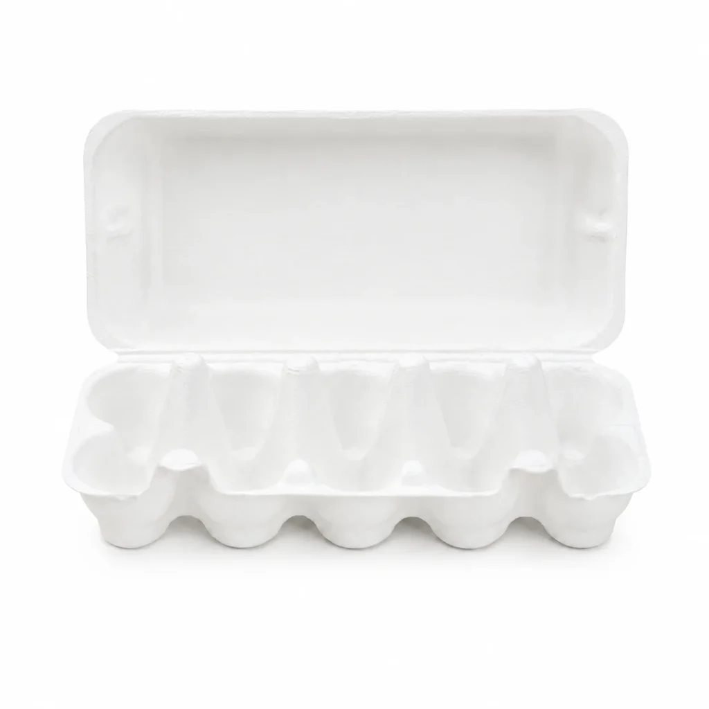 Open front view of white 10-count molded pulp egg carton