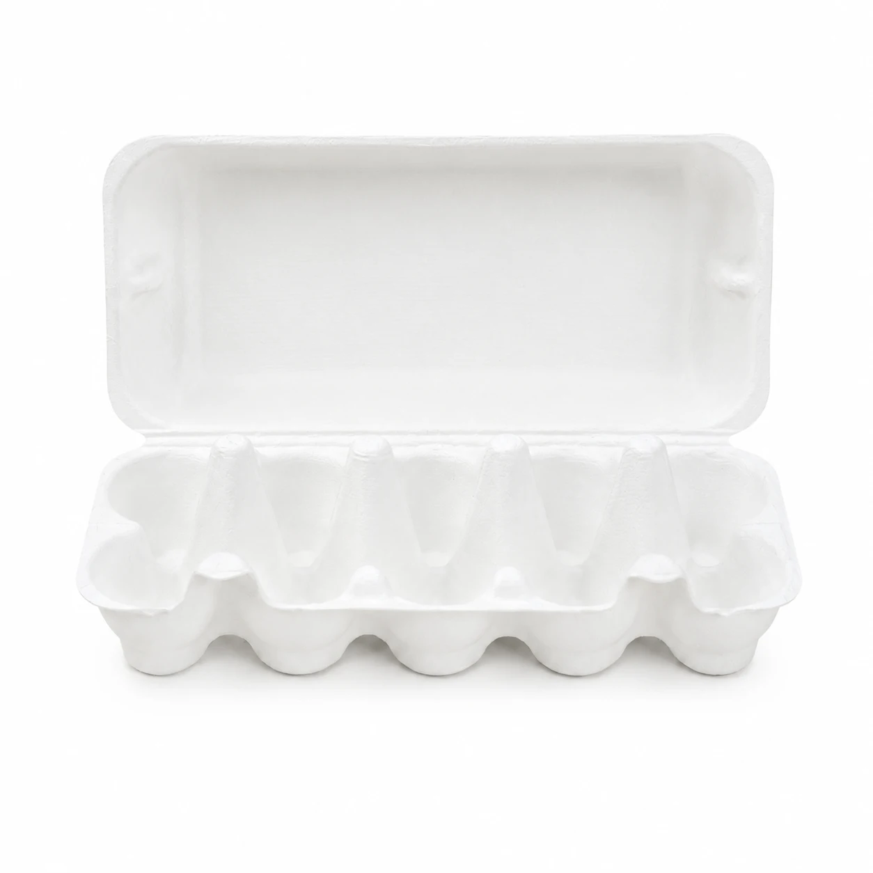 White 10-Count Molded Pulp Egg Carton Open Front View Open front view of white 10-count molded pulp egg carton