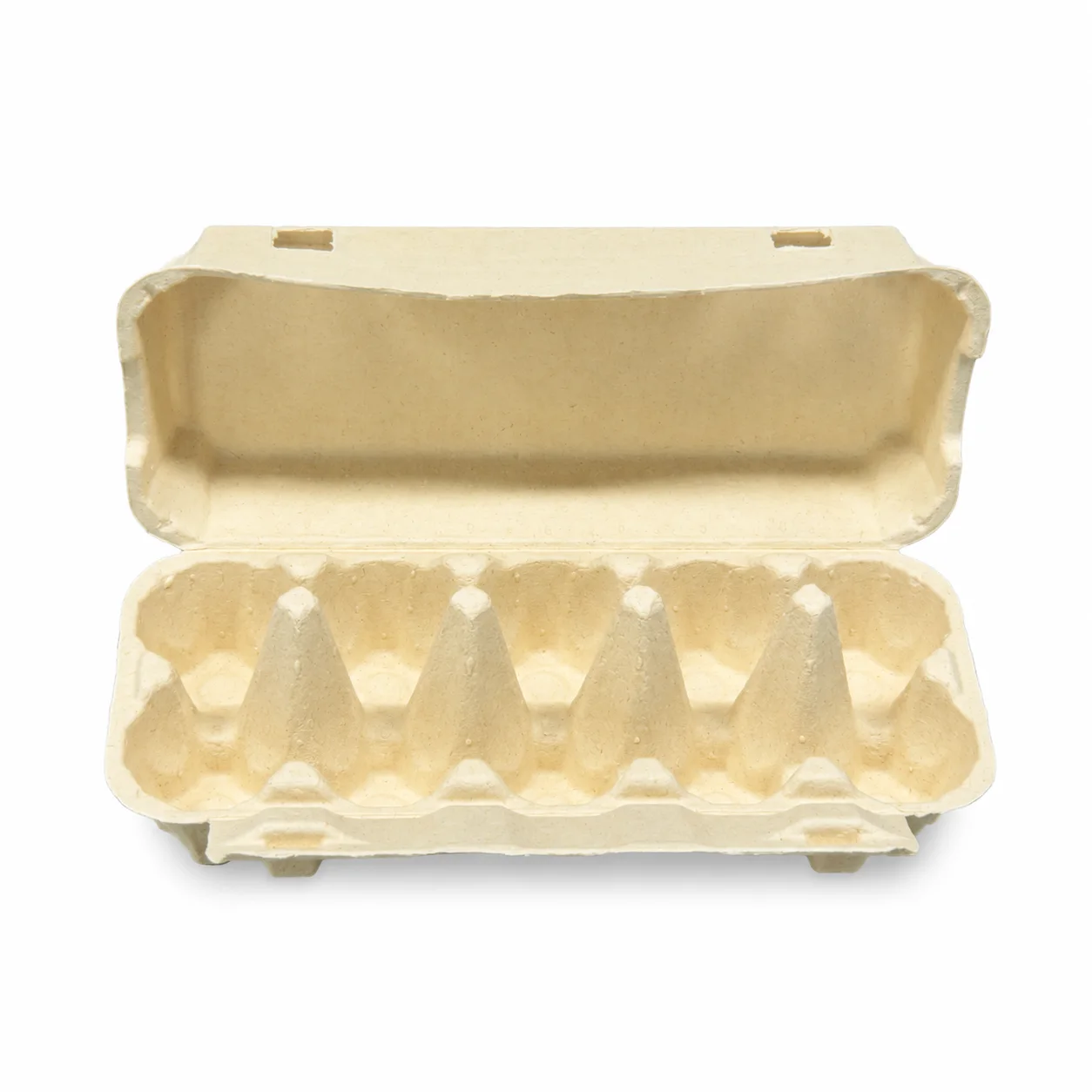10-Count Molded Pulp Egg Carton Open Front View Open front view of 10-count molded pulp egg carton