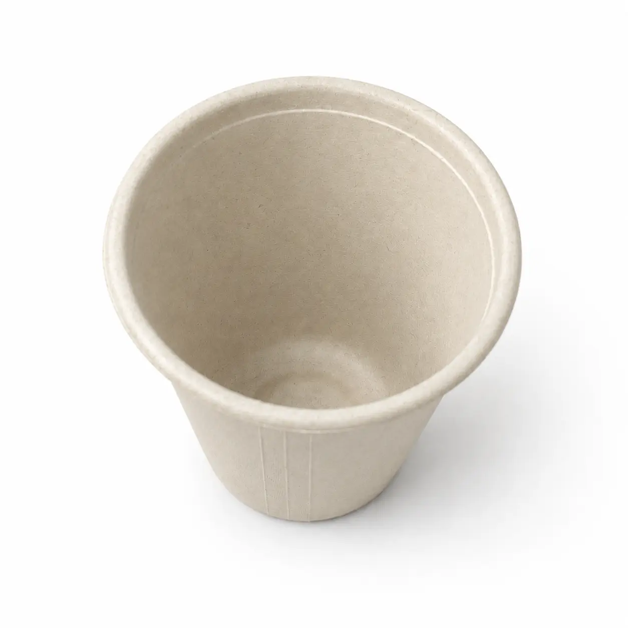 12oz Molded Fiber Cup Top View Top view of a natural-color 12oz Molded Fiber Cup showing its round opening, flanged rim, smooth inner surface, and tapered body