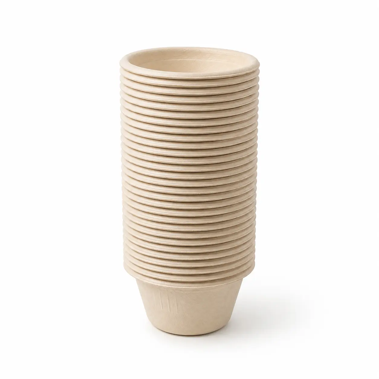 2oz Molded Fiber Sauce Cup Nested Stack Closely nested stack of natural-color 2oz Molded Fiber Sauce Cups showing uniform flanged rims, compact stacking, and the top cup opening