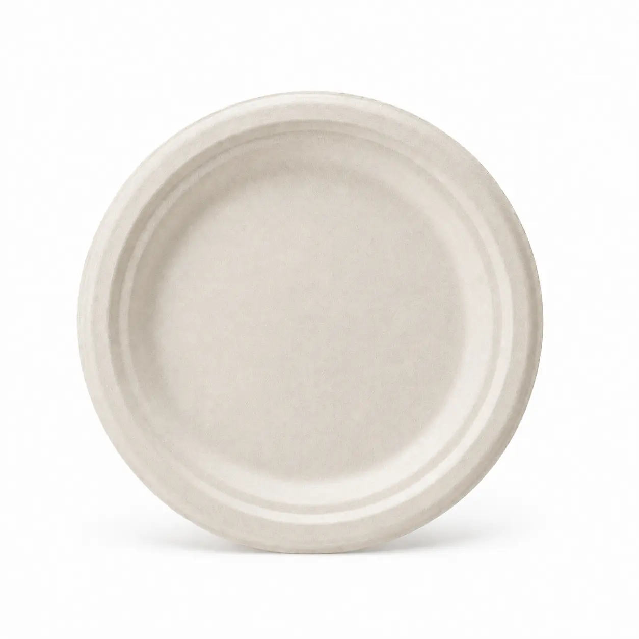 7-Inch Sugarcane Bagasse Round Plate Upright Front View Upright front view of a natural-color 7-Inch Sugarcane Bagasse Round Plate showing its smooth serving area and raised rim