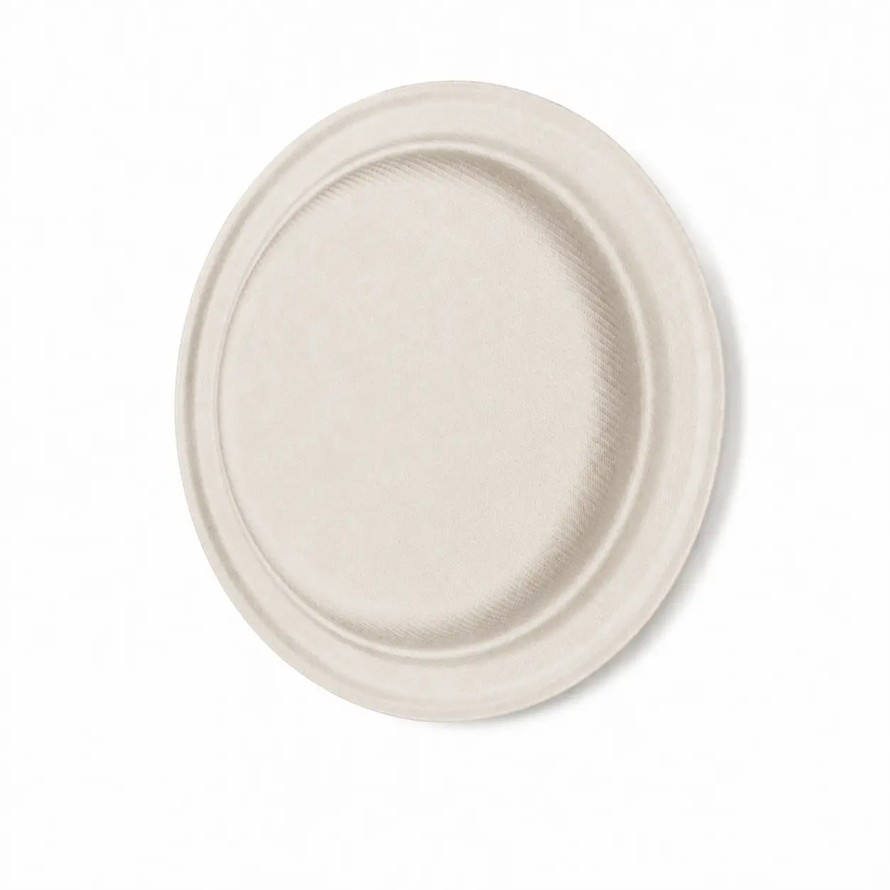 7-Inch Sugarcane Bagasse Round Plate Underside Underside view of a natural-color 7-Inch Sugarcane Bagasse Round Plate showing its molded texture and circular rim structure